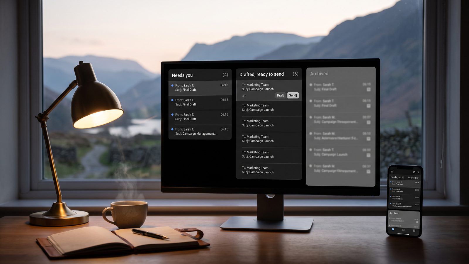 Desk by a window at dusk, the monitor showing an inbox sorted into needs-you, drafted and archived columns