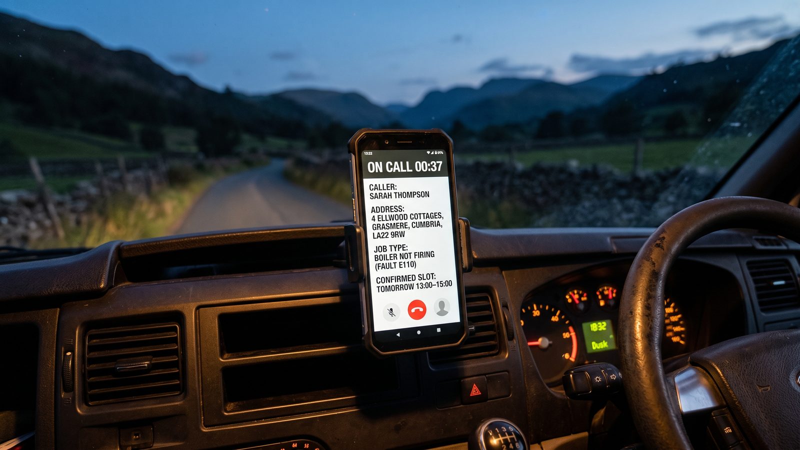 Phone mounted on a van dashboard at dusk in a Lakeland valley, showing a caller's details and a confirmed booking slot