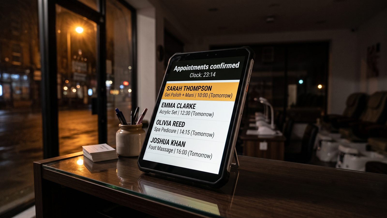 Tablet on a salon counter at night listing tomorrow's confirmed appointments