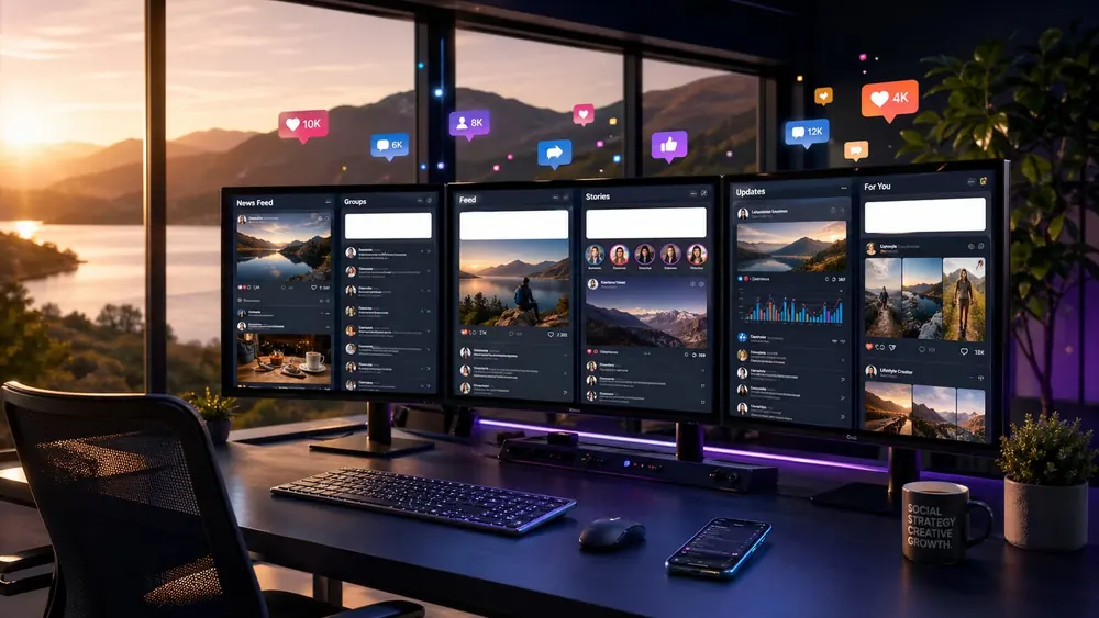 Social media feeds across three screens in a studio